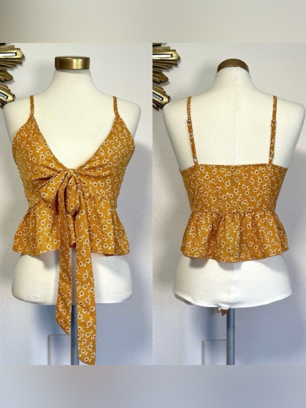 Zaful Crop Floral Tie Front Ruffle Peplum Top